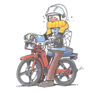 Karikatur von einem Mann auf einem Mofa 